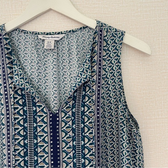Tommy Bahama Blue Tribal Kiki Print Sleeveless Top, long Tassel Ties, Sm… - Picture 2 of 9